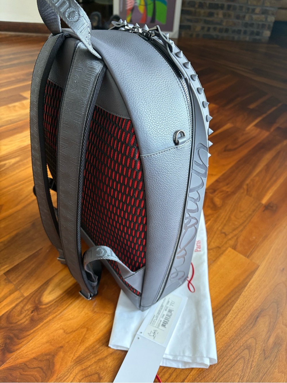 Christian Louboutin Back Paris Gray Leather Spike-Trim Backpack, NEW - Picture 4 of 17